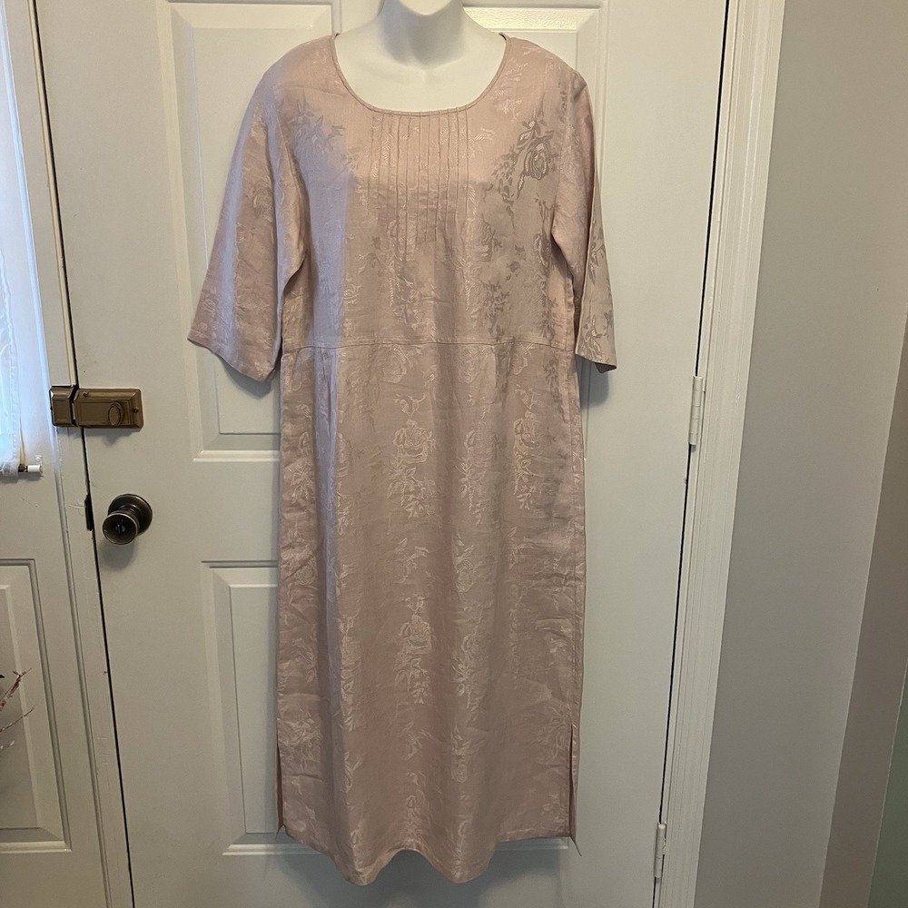 J Jill Size Medium Petite MP Pink‎ Jacquard 100% Linen Maxi Dress Women's